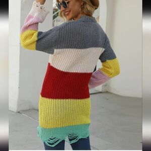 Rainbow Color Block Distressed Knit Pullover Tunic Sweater​